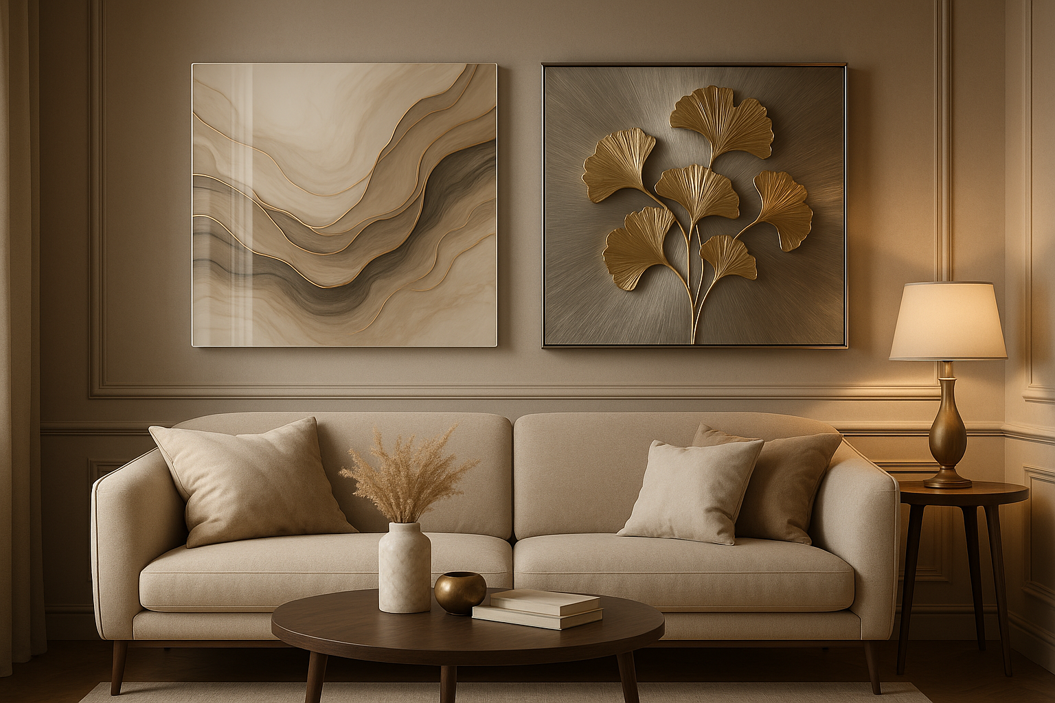 Elegant living room with premium acrylic and metal wall art